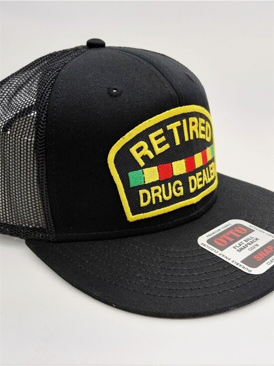 Retired Drug Dealer Hat - Yupoong Flat Bill Snapback - USA Made Patch Cap Funny